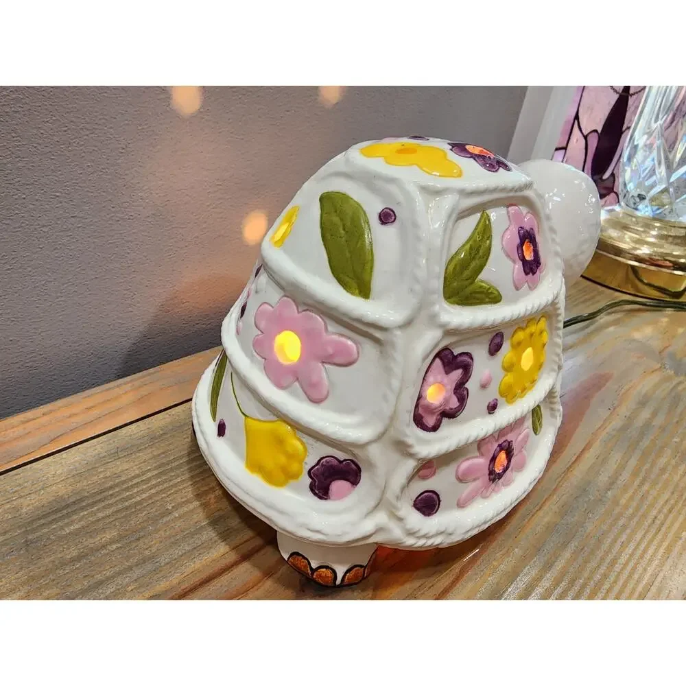 Vintage Ceramic Turtle Lamp Night Light With Flowers